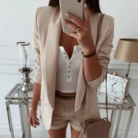 solid color lapel blazer women long sleeve pockets slim cardigan office suit jacket outerwear for business