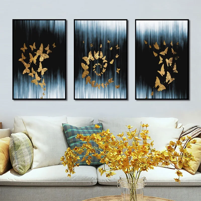 

Golden Butterfly Canvas Painting Black And White Background Hanging Print Picture For Living Room Bedroom Home Decor Poster