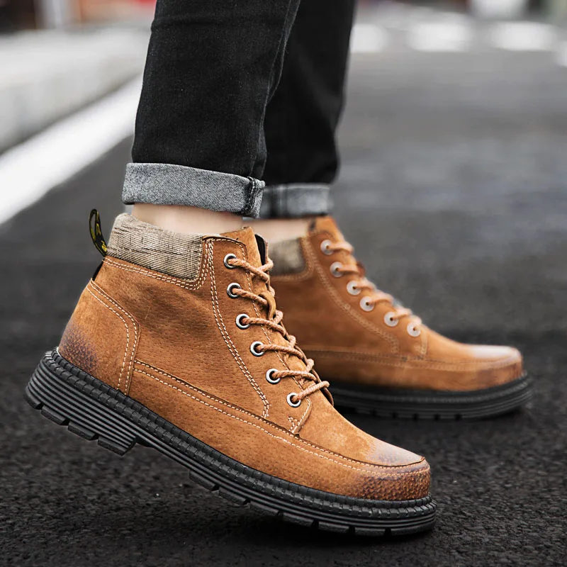 Мужские ботинки с мехом теплые зимние Прорезиненные до щиколотки модная обувь