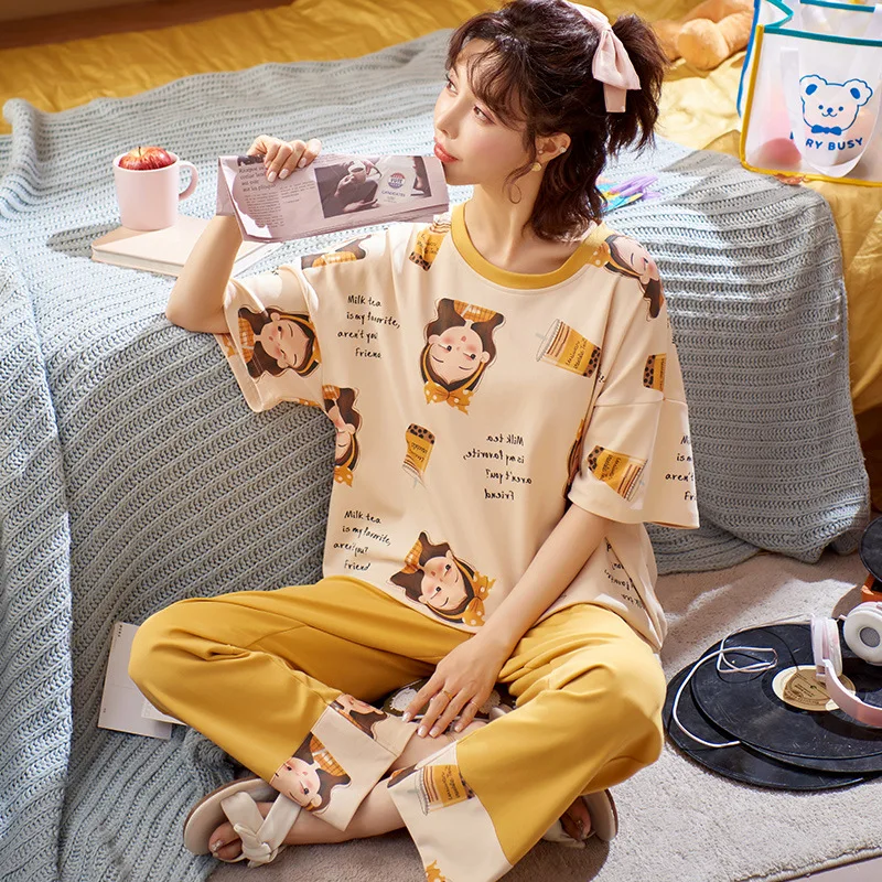 

For Women Blue Spell Color Splicing Pajamas Plus Size Short Sleeve Homewear Cute Cartoon Pockets Sleepwear Summer Cotton Pajamas