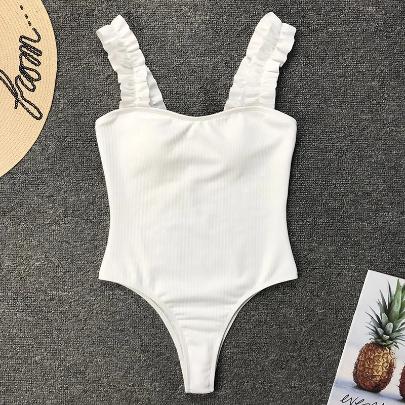 2021 Sexy Ribbed One Piece Swimsuit Women Wood Ear Ruffle Swimwear Push Up Monokini Bathing Suit Summer Beach Wear Swimming | Женская