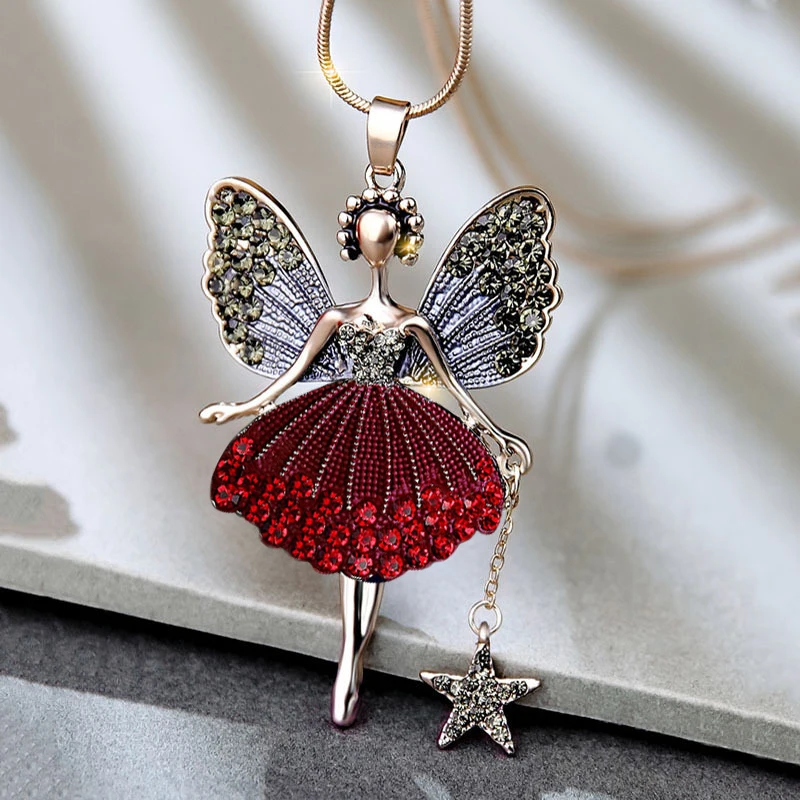 

Trendy Angel Dancing Girl Sweater Chain Long Necklace for Women Pendant Rhinestone Star Female Winter Jewelry Accessories Gifts