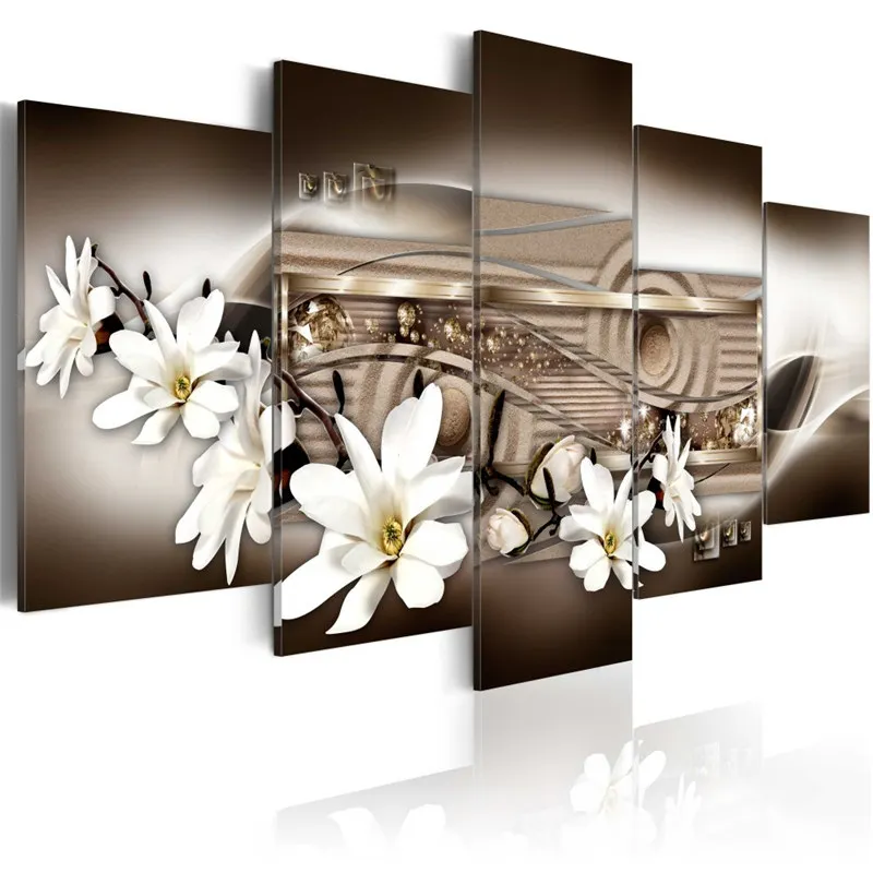 

Modern Painting Canvas 5 Panels Magnolia Flowers Wall Pictures for Living Room Modular Pictures Home Decor