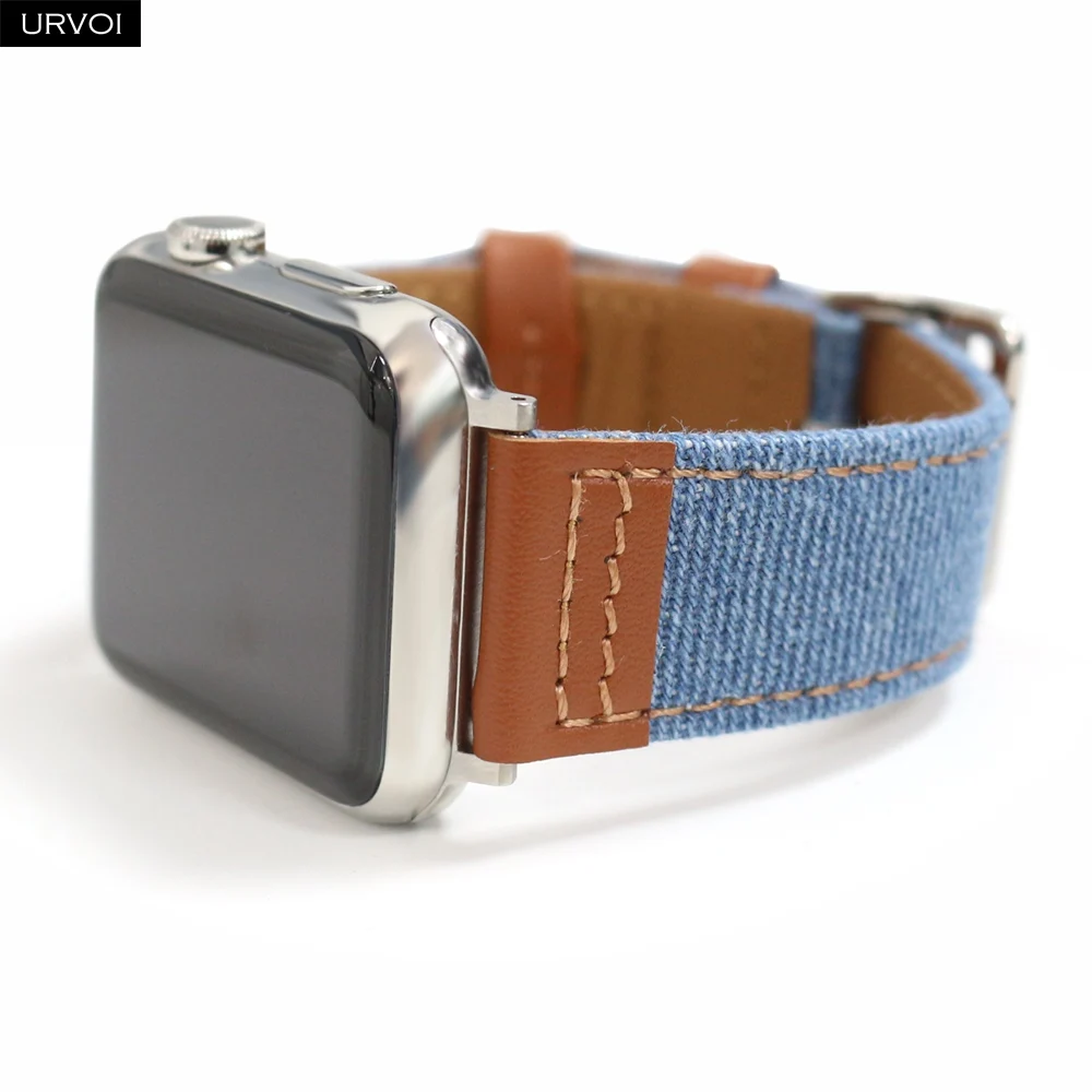 Кожаный ремешок URVOI для Apple Watch series 7 6 SE 5 4 3 2 1 джинсовый сшитый браслет iWatch 40 41 44 45 мм