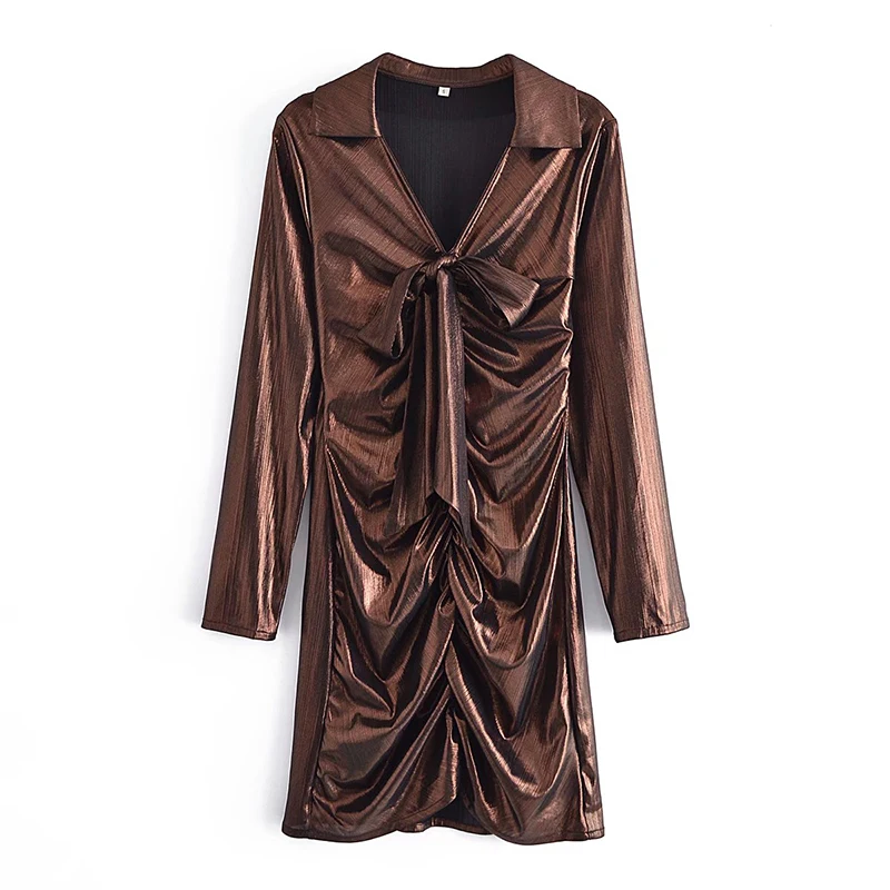 

YENKYE Women Vintage Brown Draped Sexy Dress Long Sleeve Lapel Collar Slim Ladies Dress Short Vestido