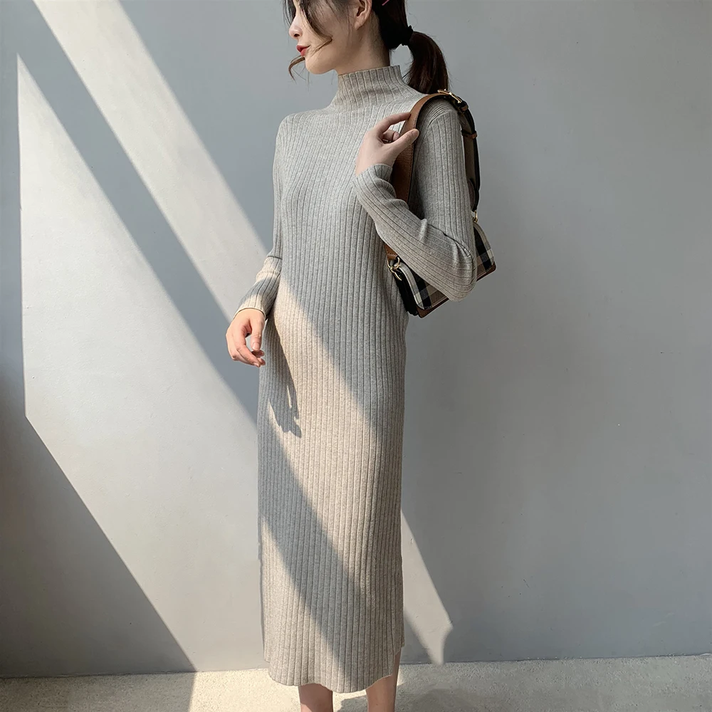 2019 вязанное осеннее платье-свитер с длинным рукавом женские пуловеры высоким