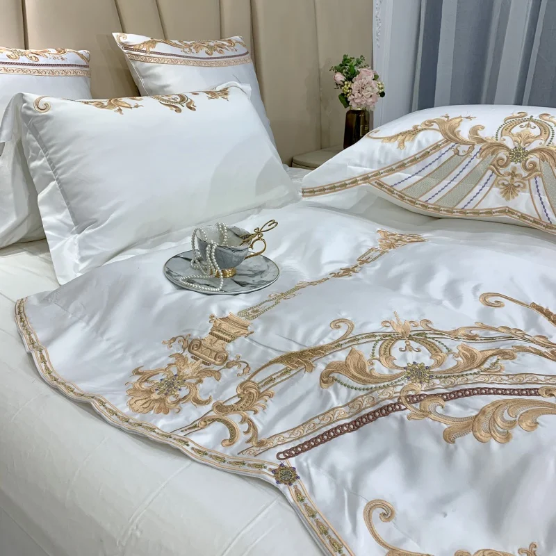 

Luxury Washed Silk Embroidery 100% Pure Cotton Home Bedding Set Duvet Cover Flat Fitted Sheet Pillowcases Queen King 4pcs