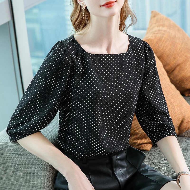 

Chiffon Blouse women's spring dress new women's dress in 2021 wave point seven point sleeve foreign style small shirt French