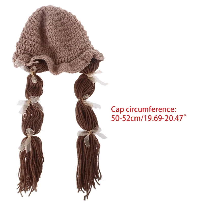 

G2AD Autumn Winter Handmade Knitted Baby Girls Wig Bowknot Hat Newborn Wigs Brades Kids Ear Protection Crochet Cap with Plaits