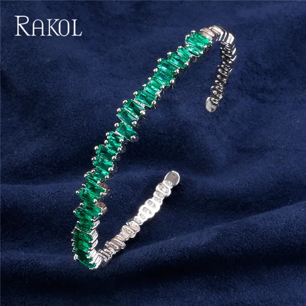 RAKOL AAA+ кубический цирконий багет Bijoux манжета Теннисный браслет и браслет с розовым золотом женские свадебные ювелирные изделия - Окраска металла: Green