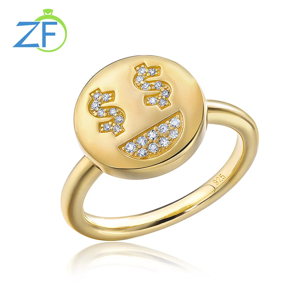 

GZ ZONGFA Real Silver Smiley Ring for Women 925 sterling Micro Pave Natural Diamond 0.1ct 14K Gold Ring Fine Jewelry