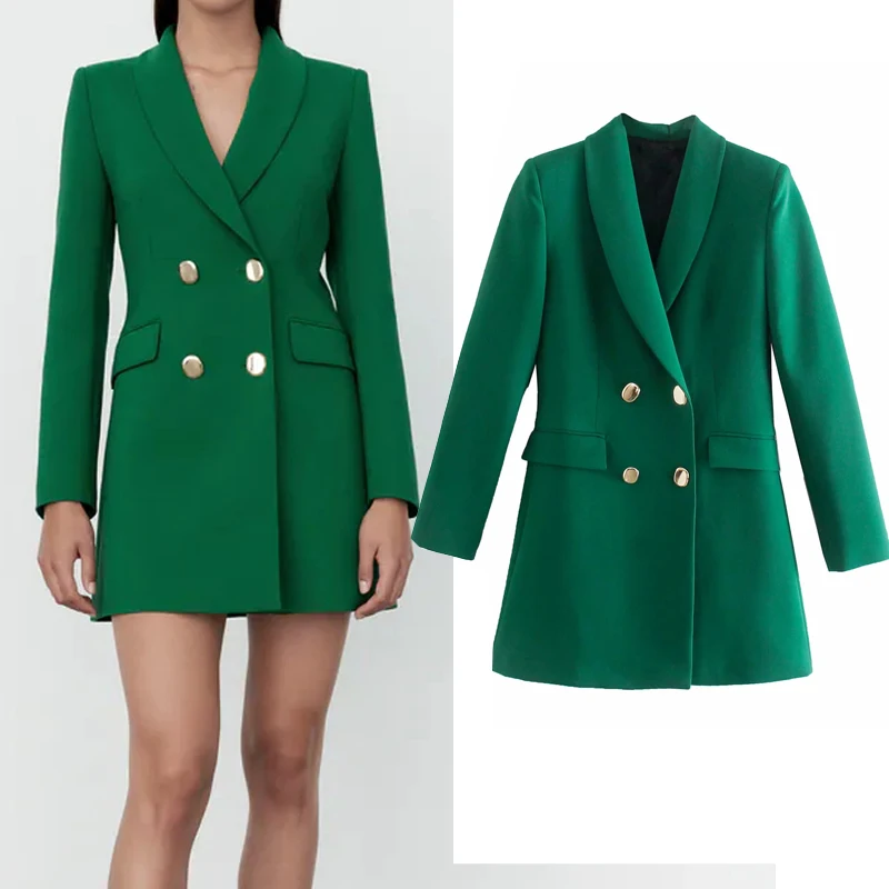

Женский двубортный Блейзер TRAF Za, длинный зеленый пиджак с длинным рукавом, элегантная офисная Осенняя белая куртка, 2021