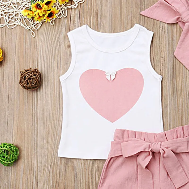 

Summer Baby Girl Casual Cartoon Sets Infant Sleeveless Heart Print Vest Tops+Shorts with Lace Headband Casual Outfits Sets