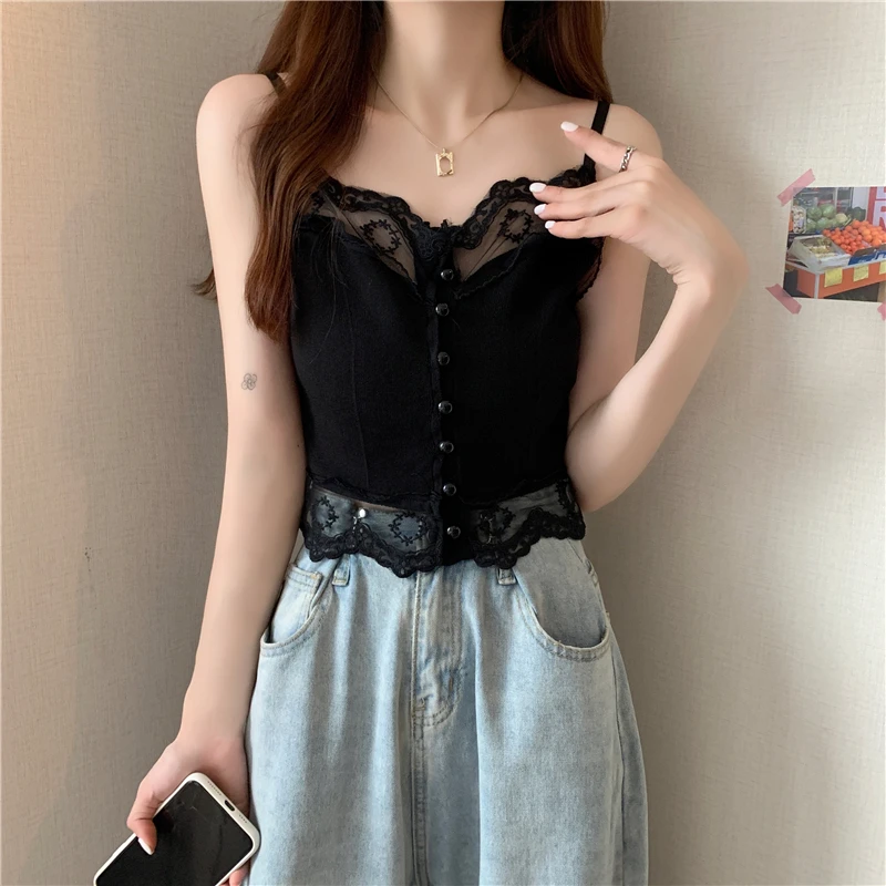 Korean Style Short Outerwear Small Camisole Lace Stitching Knit Bottoming Hollow Out Tops Women Summer Blouse Chic Ladies Shirts