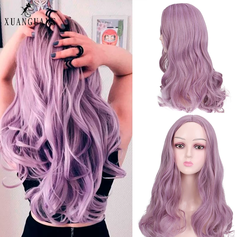 Длинный смешанный фиолетовый женский волнистый термостойкий синтетический