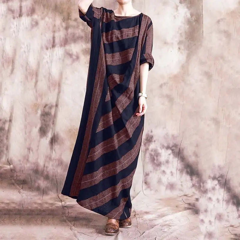 2020 Spring Vintage Striped Long Dress ZANZEA Women Sleeve Cotton Linen Sundress Robe Loose Vestido Kaftan Plus Size | Женская одежда