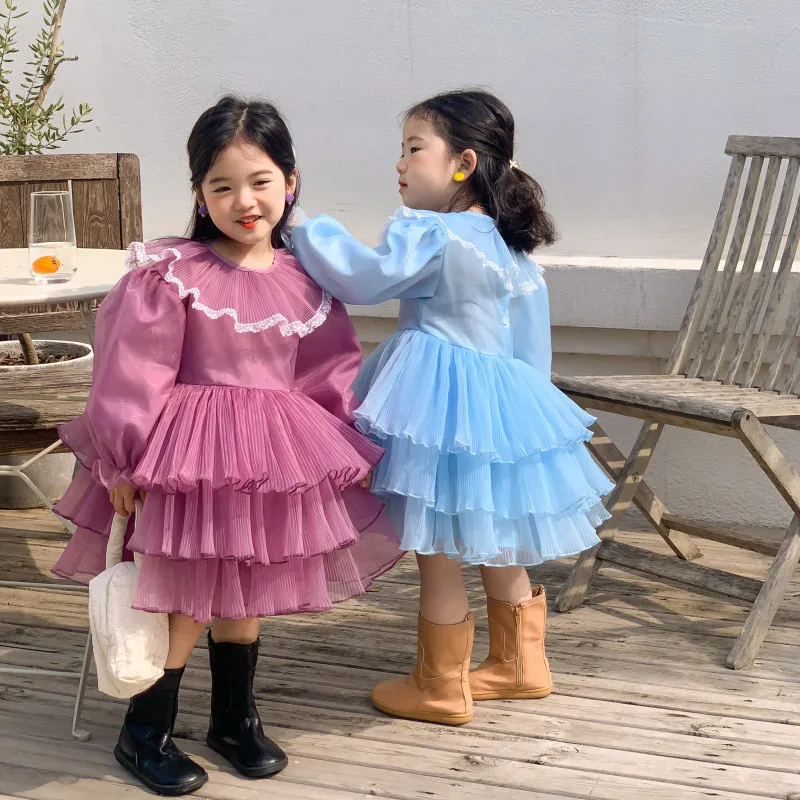 

Spring Autumn Girls Tutu Dress Baby Dress Kids Party Dress Children Clothes Fashion Layered Mesh Lace Petal Collar 2-6Y