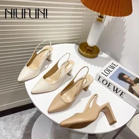 niufuni pointed toe thick high heels sexy elastic band womens shoes pu leather sandals summer simple hollow dress party shoes