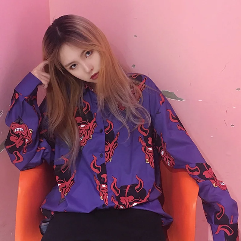 Harajuku рубашка blusas женский ulzzang с длинным рукавом женская блузка весна осень свободные Готический дьявол принт блузки корейские женские топы