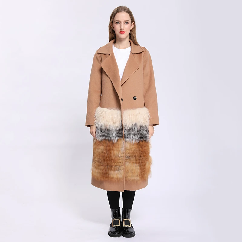 

Spring Autumn Women Long Wool Coat Casual Luxury Fox Fur Pocket Cashmere Trench Coat 2021 New Style