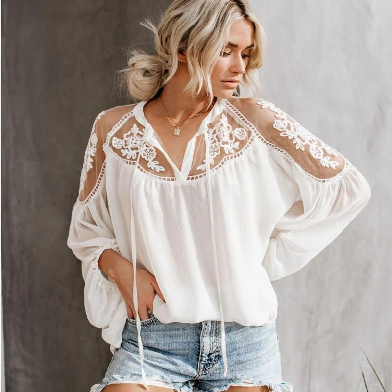 

Sexy perspective V-neck lace blouse, fashion blouse, casual women's clothing