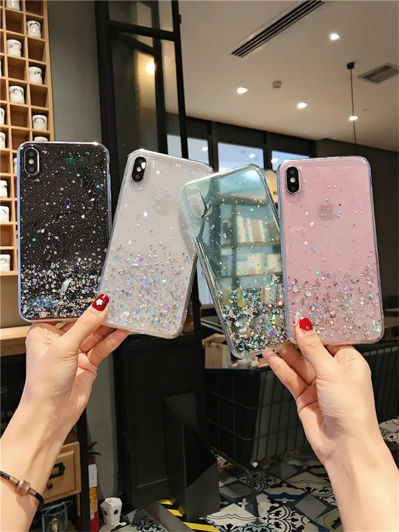 NJIEER Блестящий блестящий чехол для iphone X 11 Pro XS MAX XR Блестящий Прозрачный чехол для iphone 8 7 6 6S Plus Мягкий чехол из ТПУ
