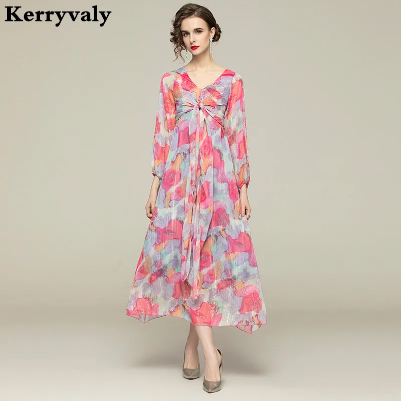 

New 2021 Spring Dream Rainbow Lantern Sleeve Bright Silk Chiffon Print Long Maxi Dress Women Bohemian Beach Dresses K2121