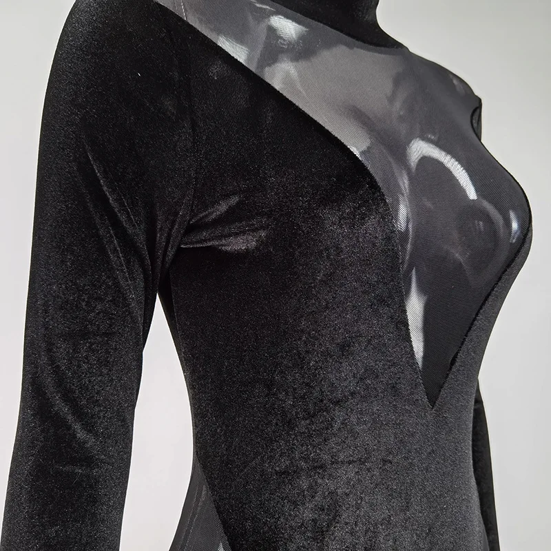 

Sexy Women Bodysuits Bodycon Mesh Patchwork Long Sleeve Jumpsuits Shorts Transparent Playsuit Black Rompers Overalls Streetwear