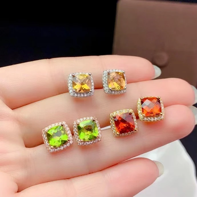 

Silver Square Gemstone Earrings for Party 6mm Natural Garnet Citrine Peridot Stud Earrings 925 Silver Crystal Earrings