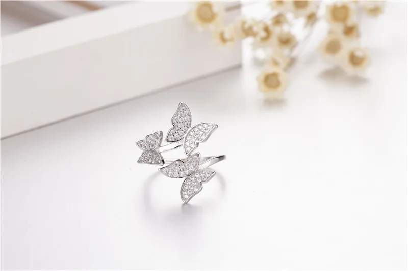 Женское Открытое кольцо в виде бабочки из серебра 100% пробы с изменяемым размером