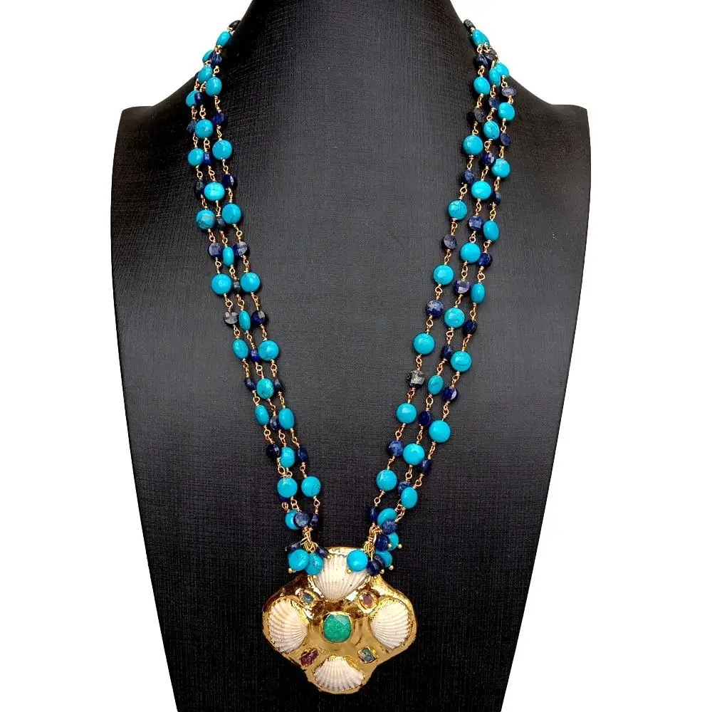 

Y.YING, 3 ряда, цепочка с голубым бирюзовым Лазуритом, ожерелье с кулоном из белого ракушки и зеленого нефрита, 23 дюйма