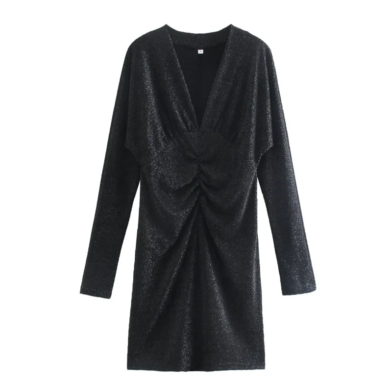 

MESTTRAF 2021 Women Sexy Solid Color Folds Mini Dress Wrap Hip Retro Long Sleeve V-Neck Elegant Party Dresses Vestidos