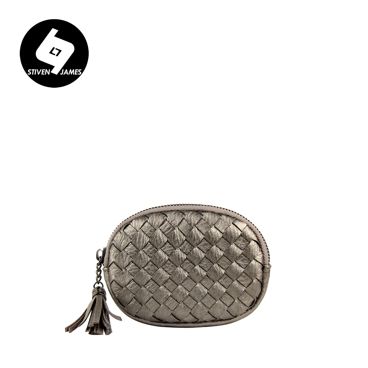 Space silver STIVEN JAMES, ручные тканые кошельки для мелочи из искусственной кожи, кошельки для монет, кошелек для монет, Женский мини кошелек с кисточками, сумка для смены на молнии, овальная - Цвет: Space silver