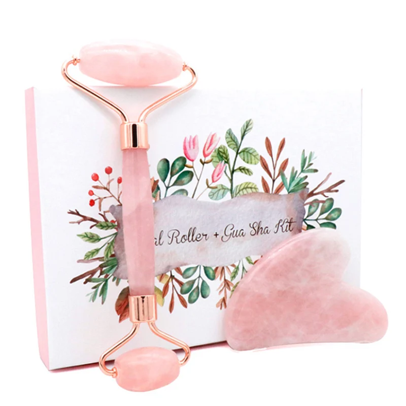 

Jade Roller Massage Beauty rystal Scraping Plate with Box Roller Set Slimming Face Massage Rose Quartz Stone Lifting Tool XA42E