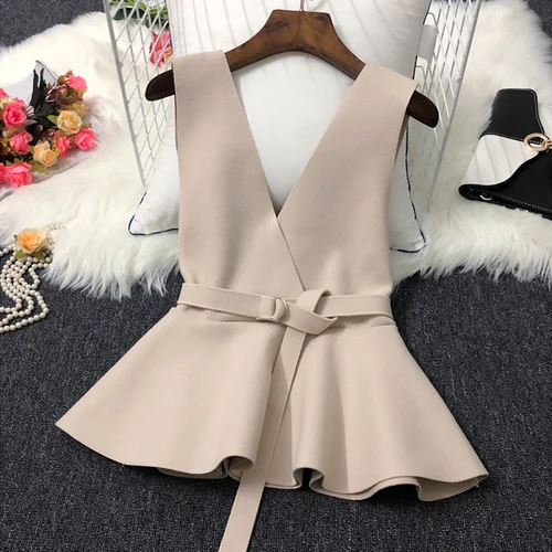 Apricot Модные однотонные Жилеты для женщин, сезон осень-зима, на шнуровке, с бантом, Chalecos Para Mujer, с v-образным вырезом, Корейская короткая верхняя одежда 13111 - Цвет: Apricot