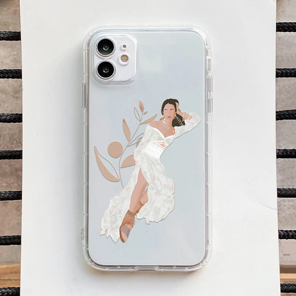 

Bohemian Fashion Illustration woman floral Phone Case for Iphone 12 11 XS 13 Pro Max Mini 6 6s 7 8 Plus SE2020 X XR Clear Cases