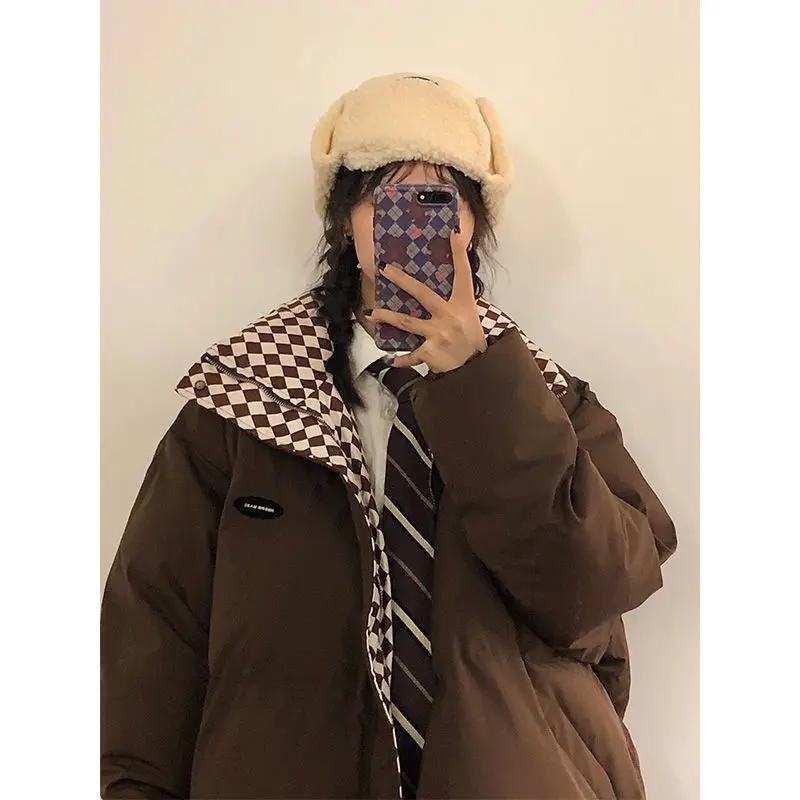 Retro Hong Kong Style Thick Loose Bread Clothes Cotton Clothes Plus Velvet Thick Warm Checkerboard Autumn and Winter New