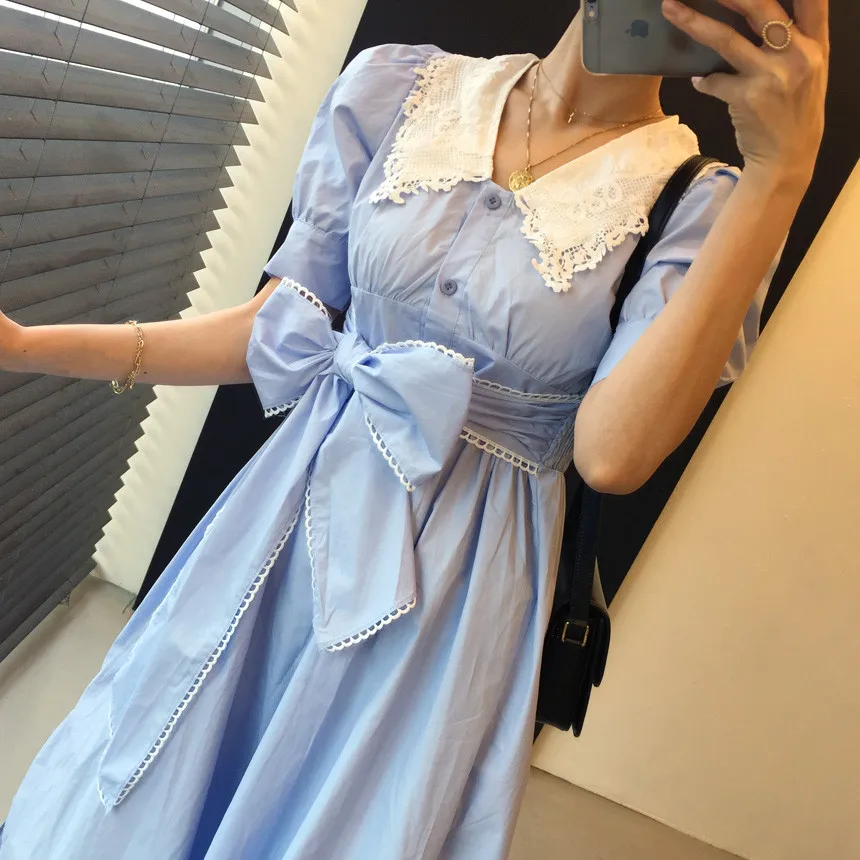 

Korejpaa Women Dress 2021 Summer Korean Chic Niche Milk Soft Lapel Lace Stitching Butterfly End Waistted Puff Sleeve Vestidos