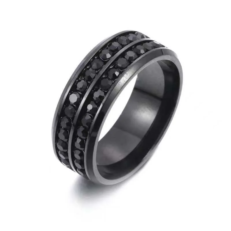 

Popular Trendy Stainless Steel Two Rows Round Paved Crystal Weddings Ring Lover Couple Rings Valentine's Bague Bijoux Gift