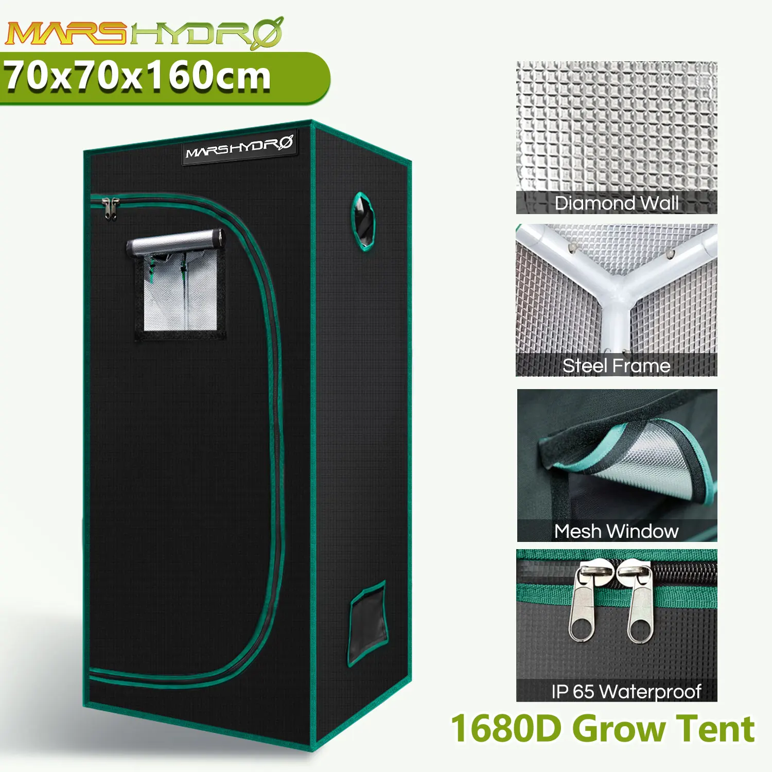 MarsHydro 1680D 70x70x160 см палатка для выращивания, Алмазный светоотражающий майлар, внутренняя фотография (27 дюймов x 27 дюймов x 63 дюйма) MarsHydro 1680D 70x70x160 см палатка для выращивания, Алмазный светоотражающий майлар, внутренняя фотография (27 дюймов x 27 дюймов x 63 дюйма)