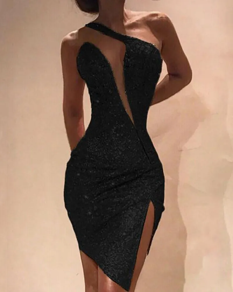 

Sequin Dress Women One Shoulder Cut Out Slit Bodycon Dress