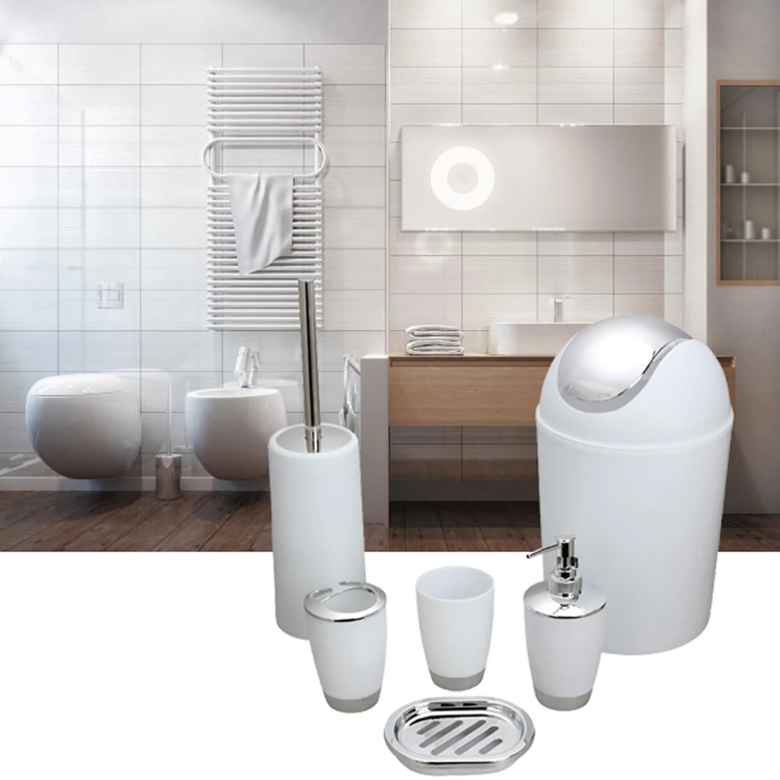 

CN Bathroom Accessories Set 6-piece Plastic Bathroom Accessories Set Toothbrush Holder Toothpaste Dispenser Case Soap Box