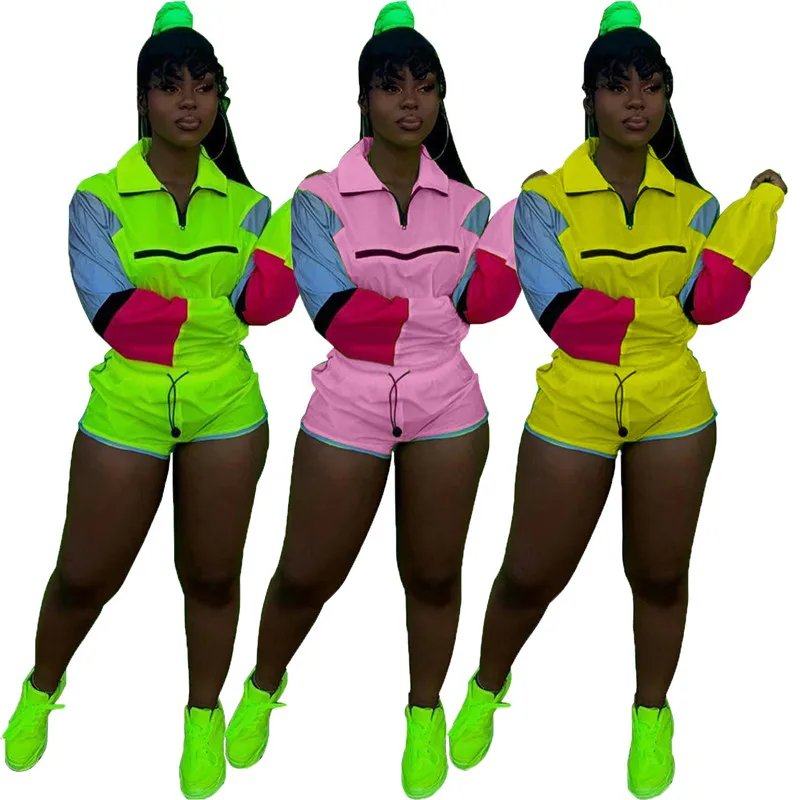 Women's Tracksuit Two Piece Set Long Sleeve Turn-down Collar Crop Top and Biker Shorts Casual Sweat Suit Jogger 2 Piece Outfits