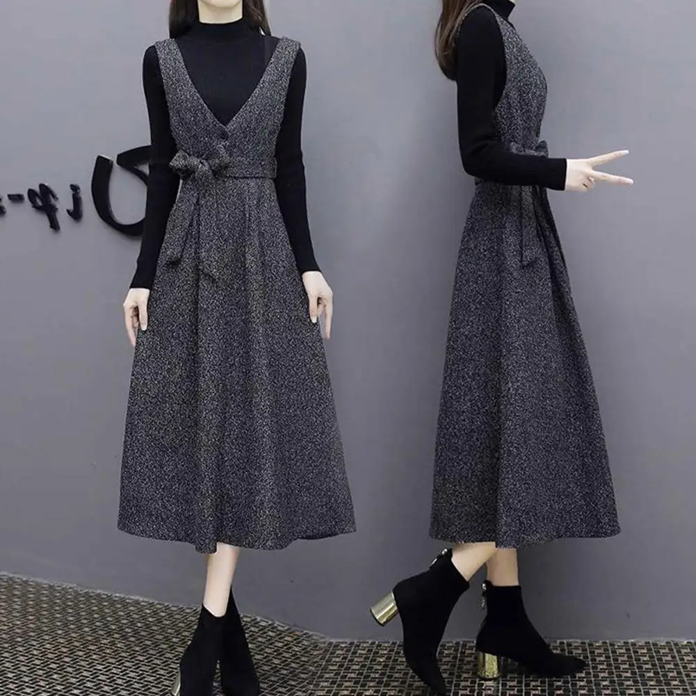 Комплект из 2 предметов элегантное платье с поясом + Базовая рубашка длинными