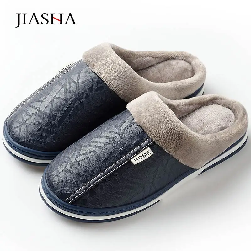 

Brand anti dirty plush non-slip male shoes 2022 Men slippers leather winter shoes men warm house slippers waterproof plus size