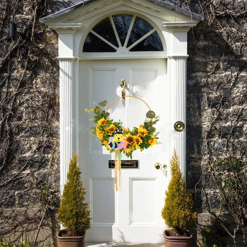 

Artificial Simulation Yellow Spring Metal Bee Sunflower Wreath Garland,World Bee Day Handmade Hanging Garden Countryside Front O