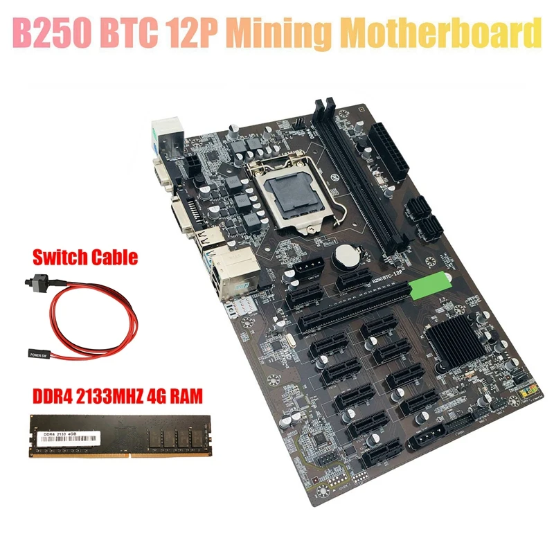 Материнская плата для майнинга B250 BTC с DDR4 4G 2133 МГц ОЗУ + кабель переключения 12x слот