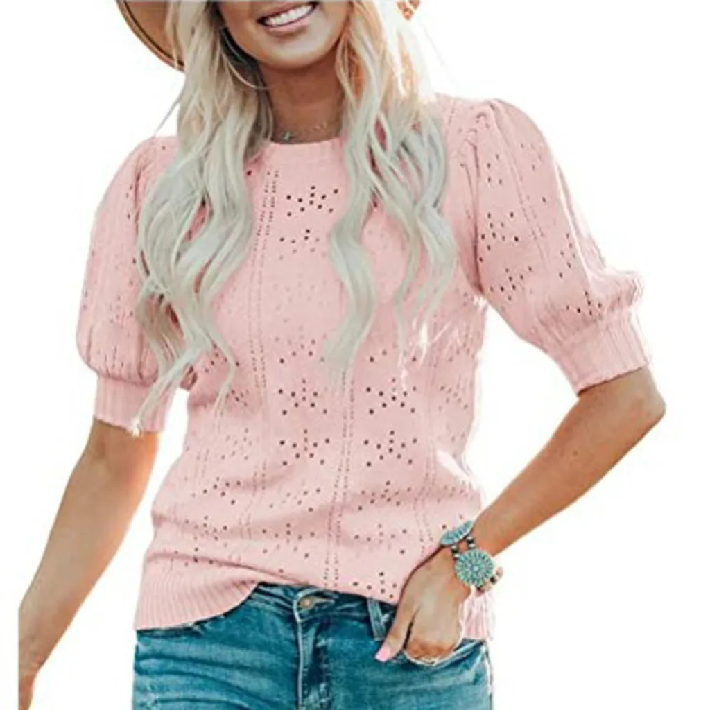 women tops Fashion Casual Women Solid Hollow out O-Neck Middle Sleeves Pullover Knitted Sweater Blouse Tops блузка женская |