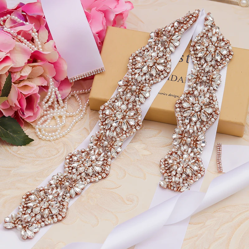 

MissRDress Elegant Pearls Wedding Belt Crystal Bridal Sash Rose Gold Rhinestones Bridal Belt For Wedding Long Dresses JK936
