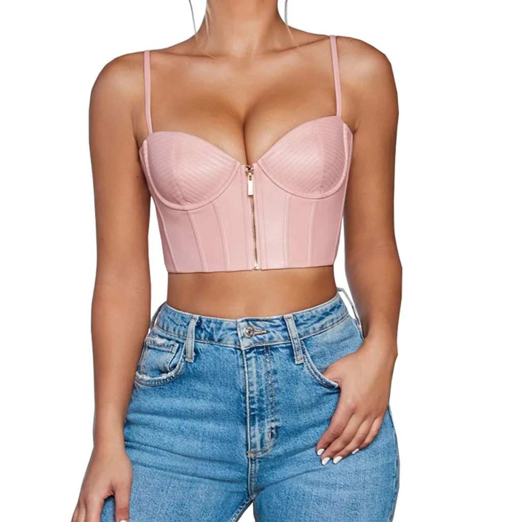 Женский укороченный топ без рукавов Harajuku однотонный кожаный лифчик на молнии с